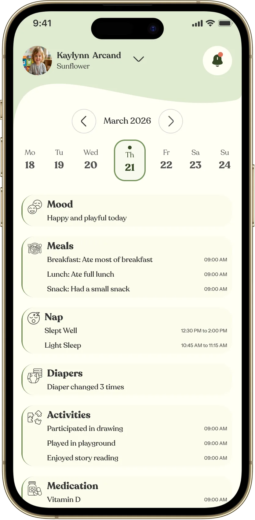 Parent app home screen beside the day details with meals, nap and photos