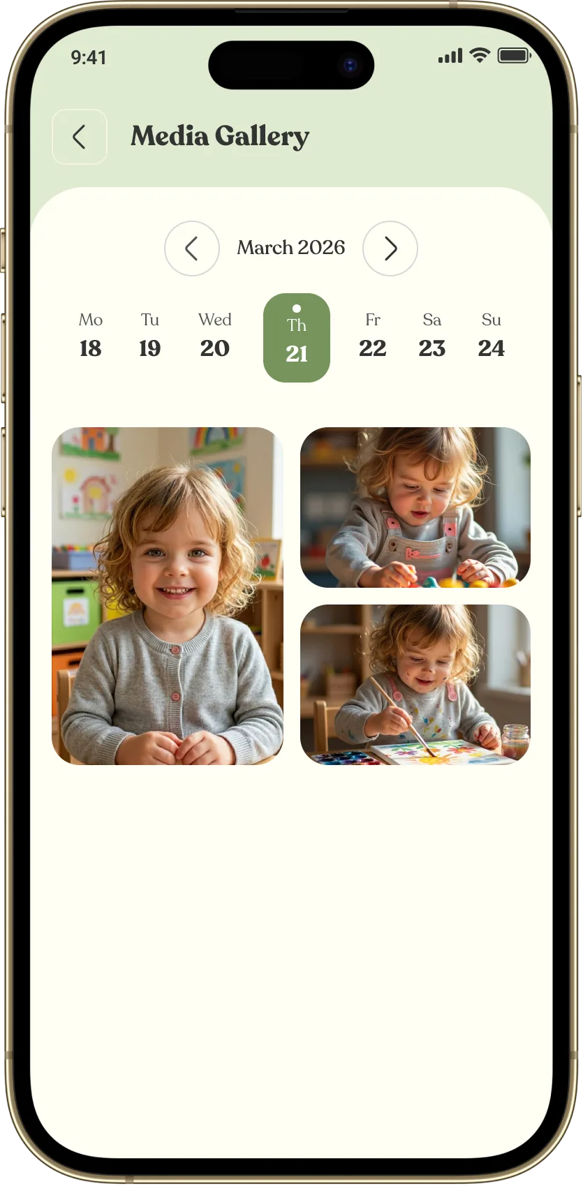 Media gallery screen showing the day's photos of a child
