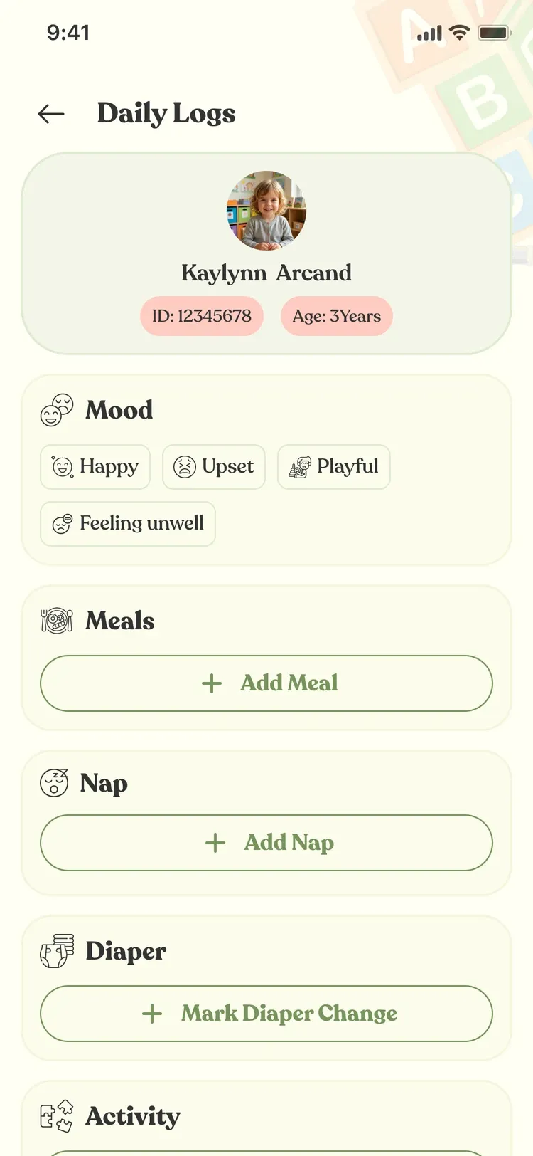 The teacher app: a child's daily log with mood, meals, nap, nappy and activity, and Save Draft and Publish buttons.